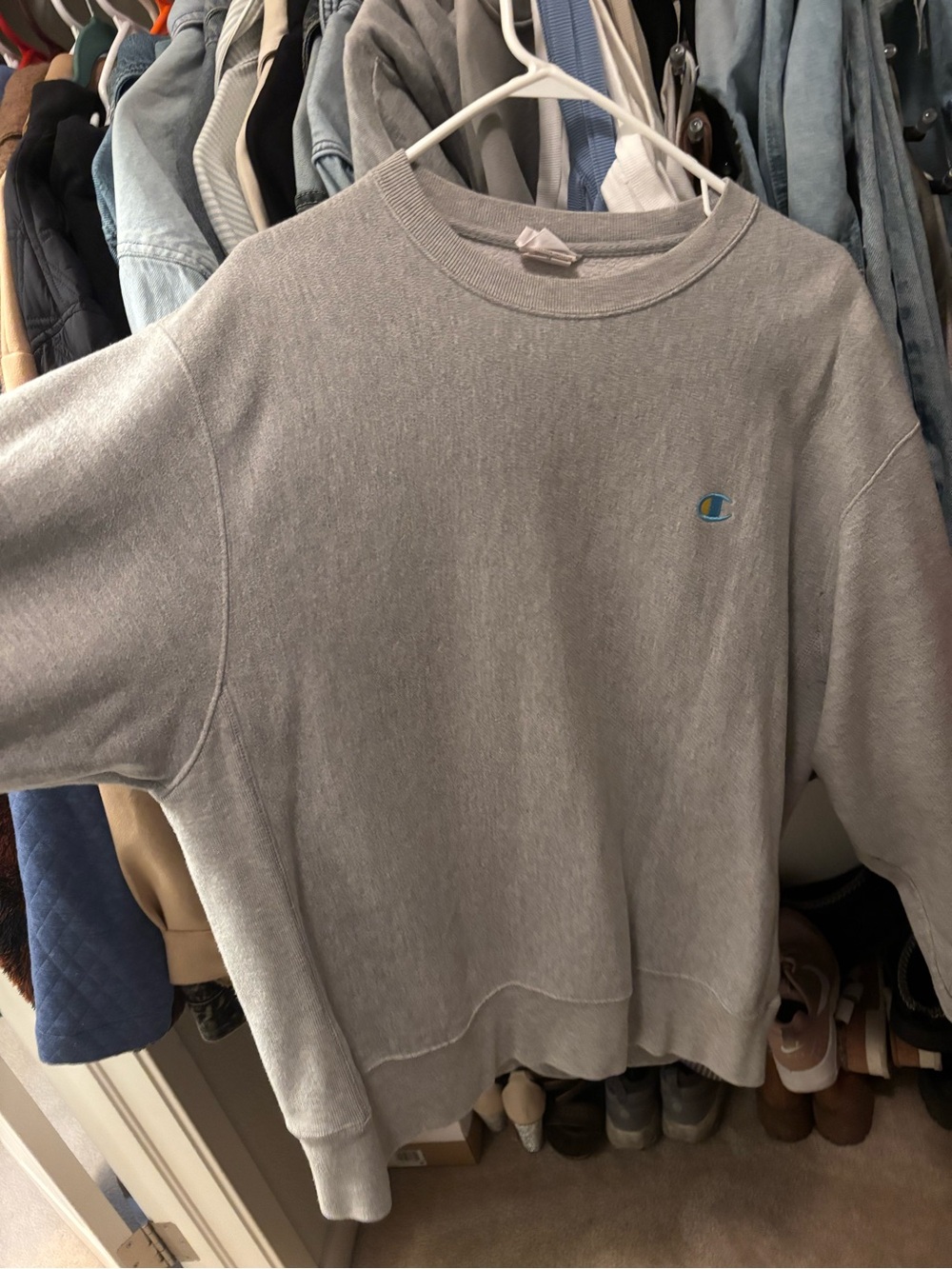 Champion Light Gray Crewneck Sweatshirt with Small Embroidered Logo